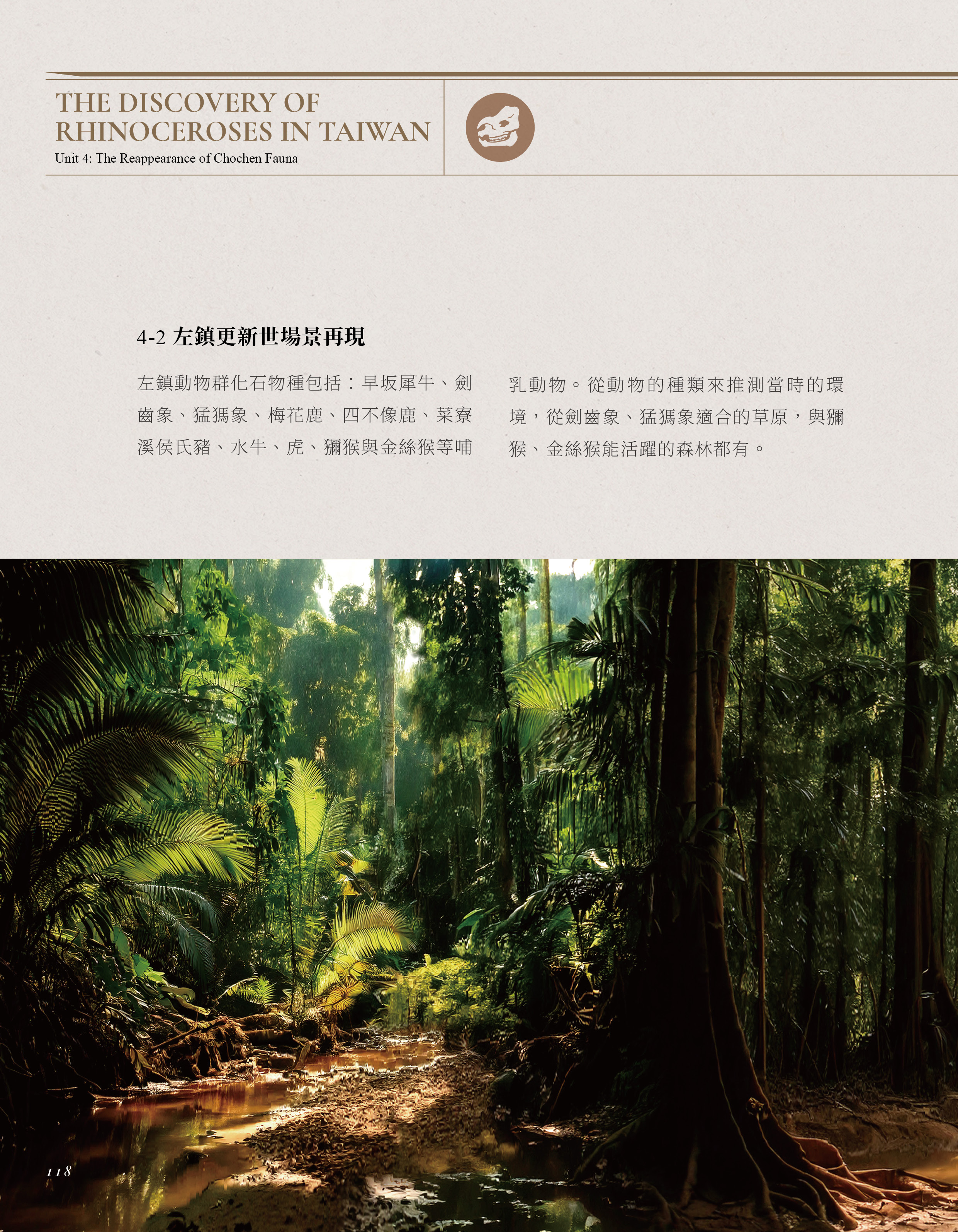 左鎮動物群章節內頁——雙欄中英文，搭配熱帶森林攝影